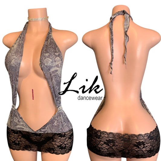 Halter Mini Dress W/ Lace Skirt and Silver Accent