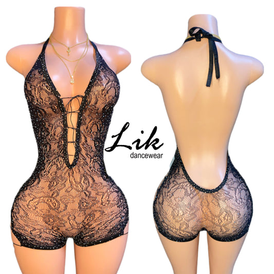 Rhinestone Lace Up Romper