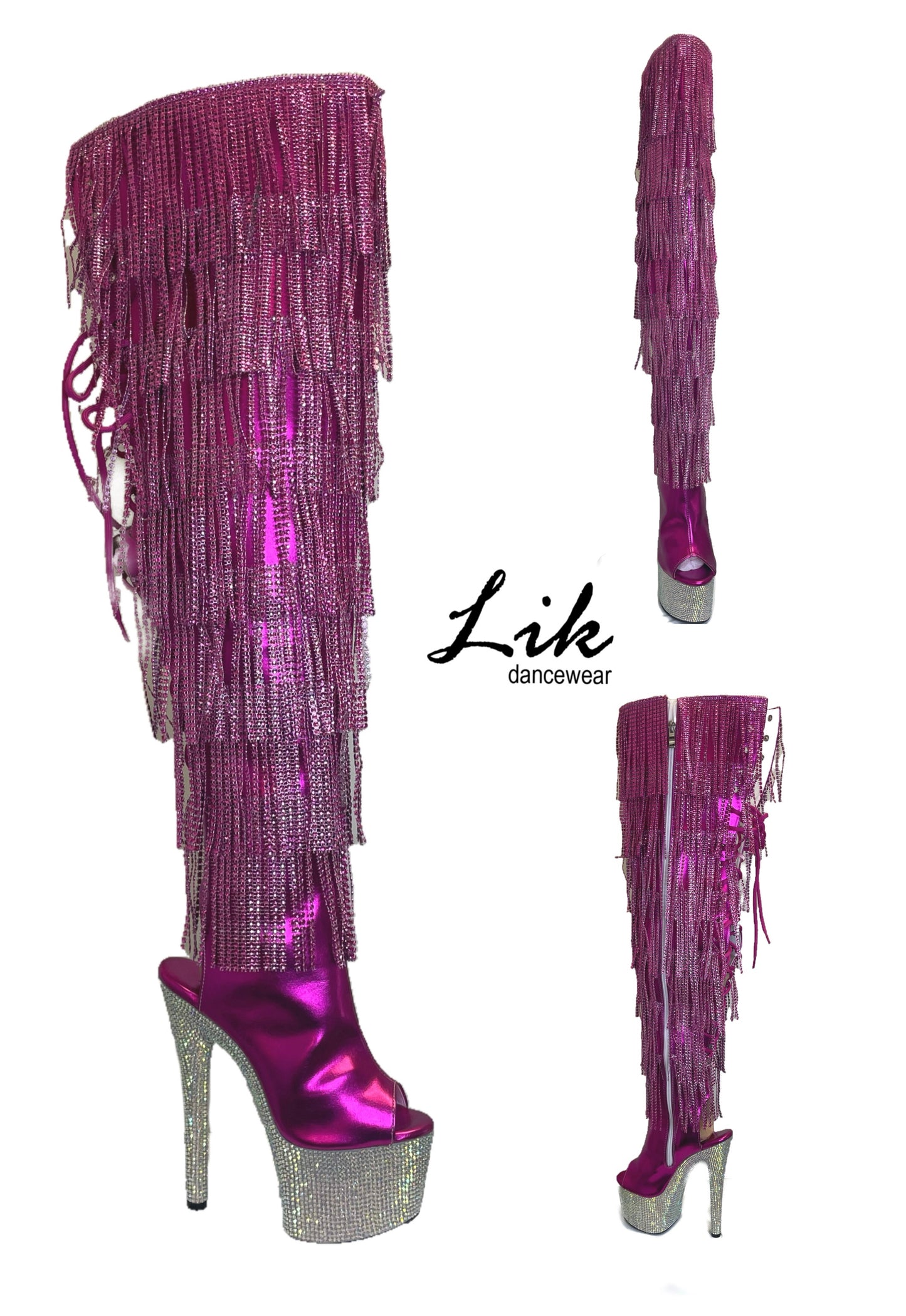 Lik Thigh High Rhinestone Fringe Metallic Boot