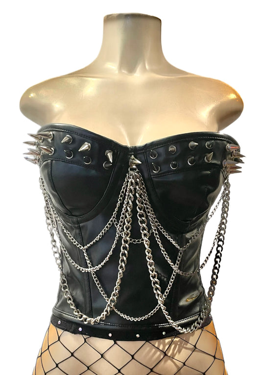 Spike and Chain Leather Corset Black