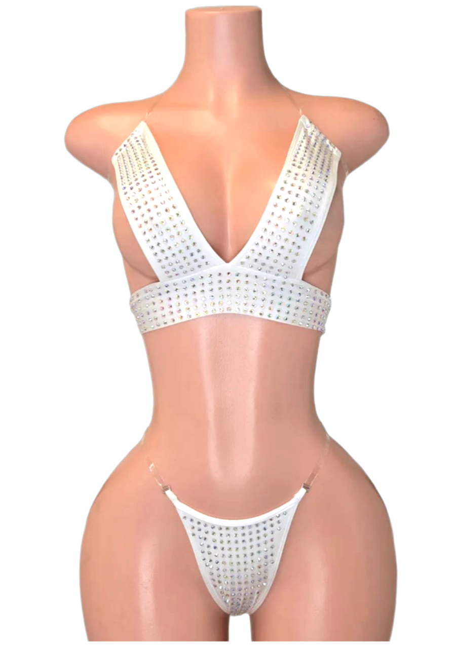 Clear strap two piece BEA stripper outfit with Rhinestones