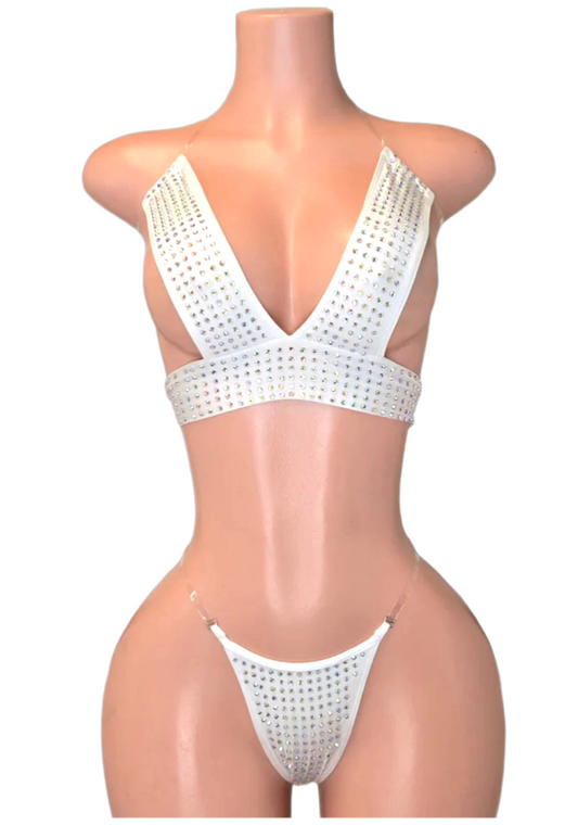 Clear strap two piece BEA stripper outfit with Rhinestones