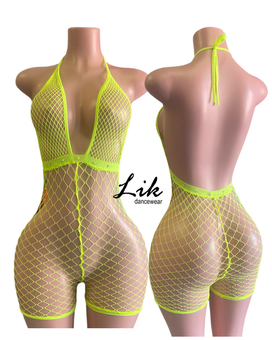 Lala Fishnet Halter Tie Romper For Strippers