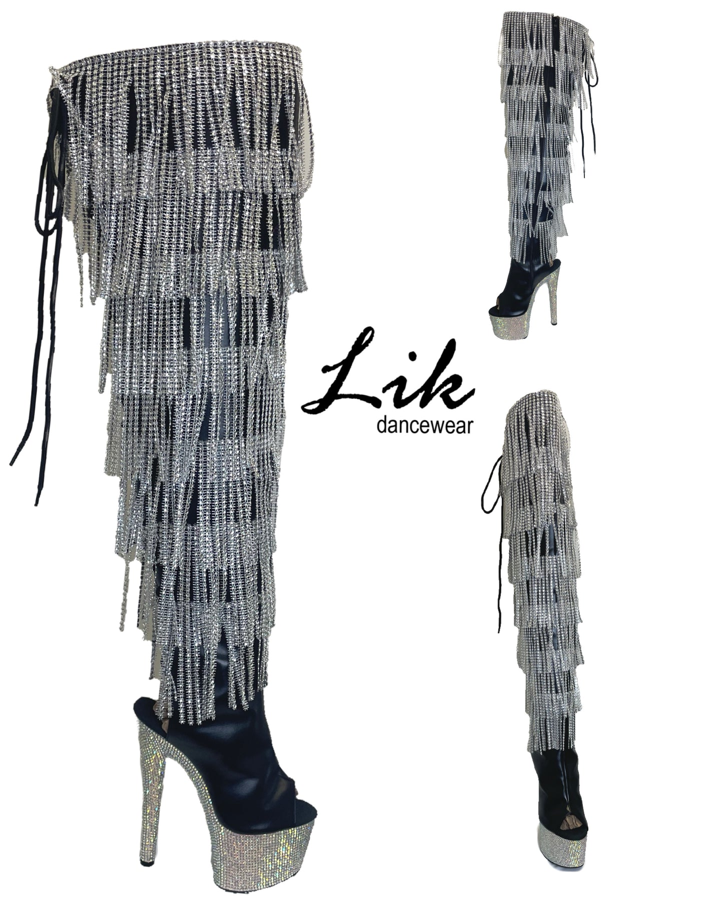 Lik Thigh High Rhinestone Fringe Metallic Boot