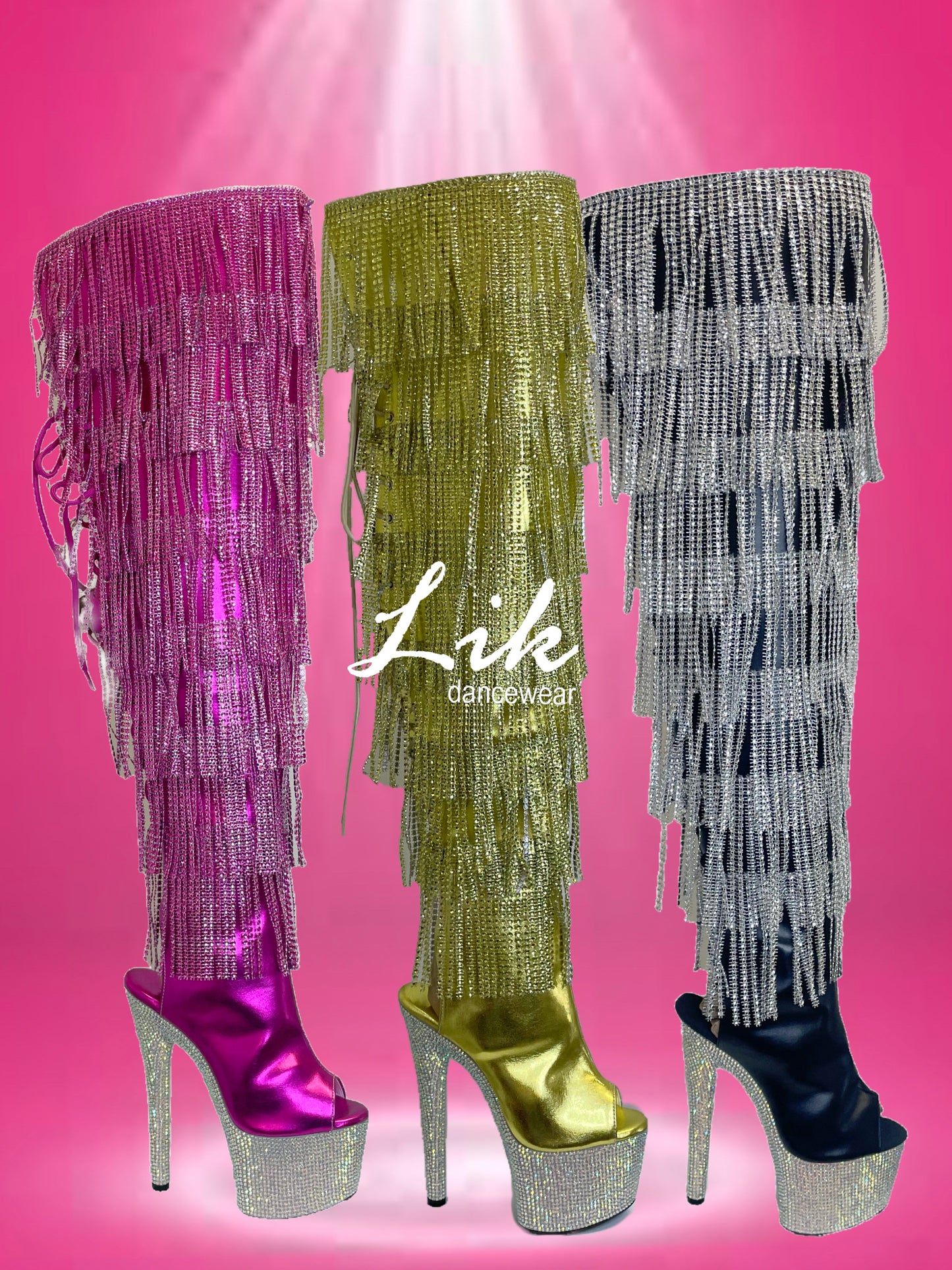 Lik Thigh High Rhinestone Fringe Metallic Boot