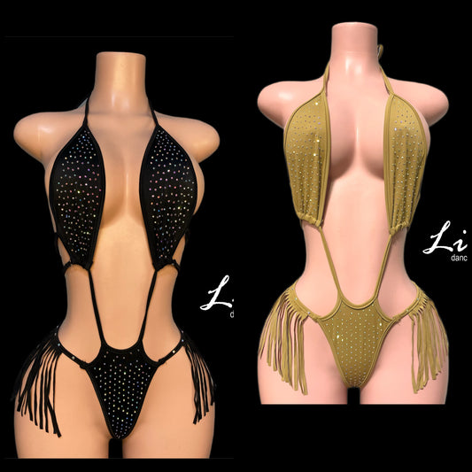 Megan rhinestone and fringe one piece stripper outfit