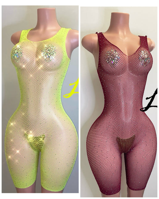 Sheena  Fishnet rhinestone Romper Adult dancewear