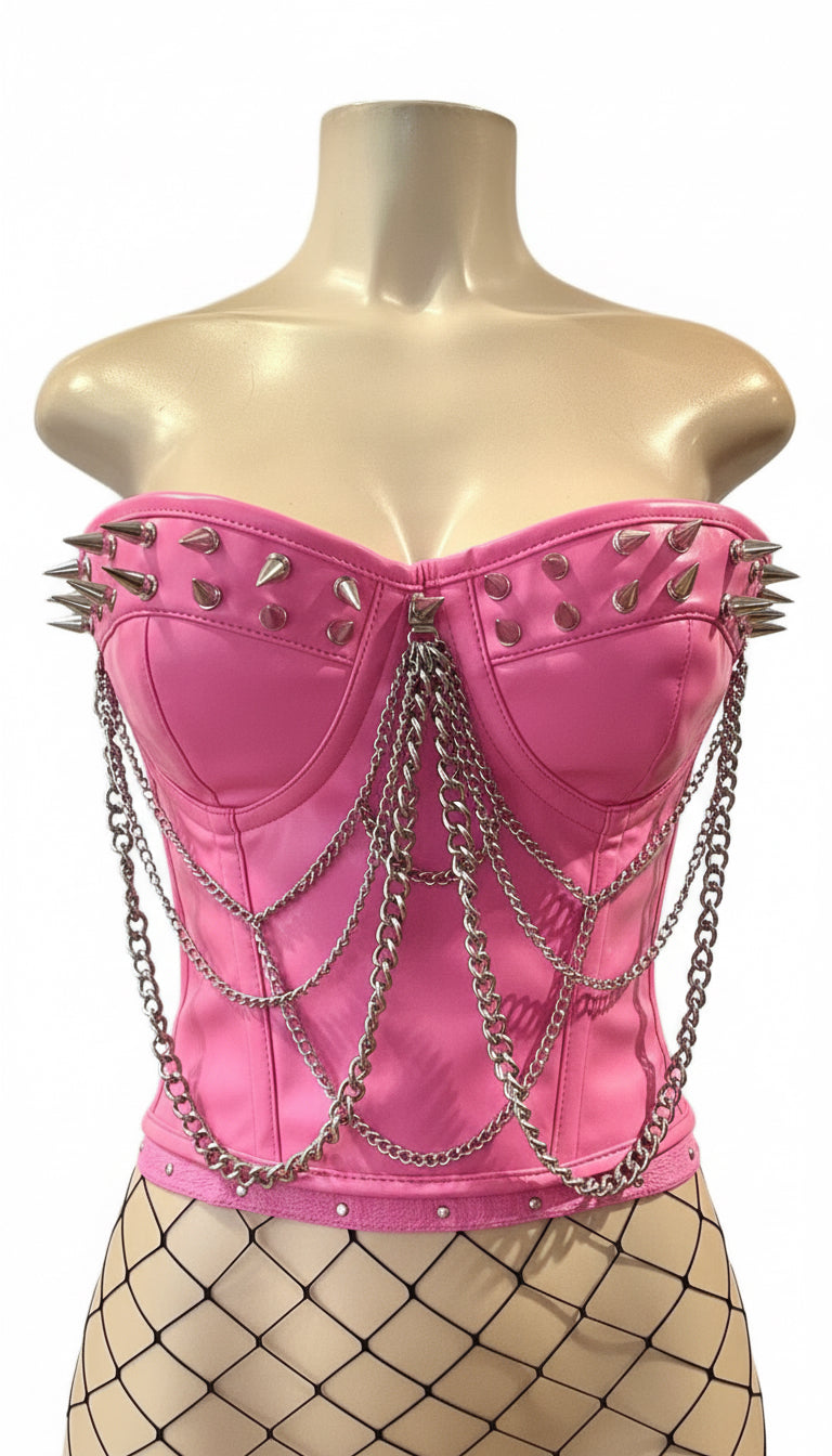 Spike and Chain Leather Corset Pink