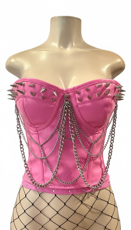 Spike and Chain Leather Corset Pink