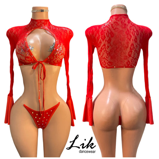 Mars Two Piece Long Sleeve Set w/ Rhinestone Thong