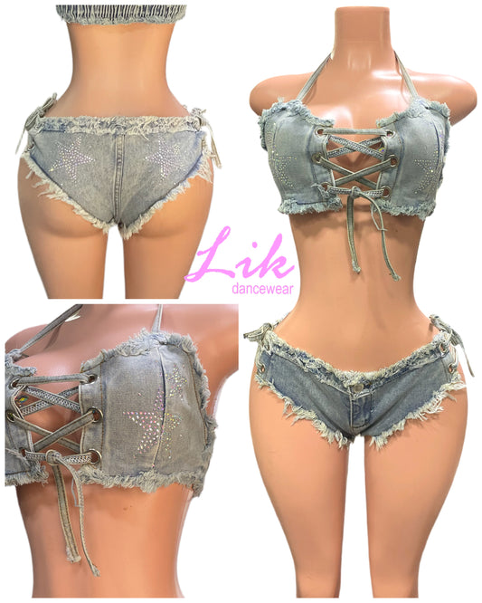 Denim booty short set