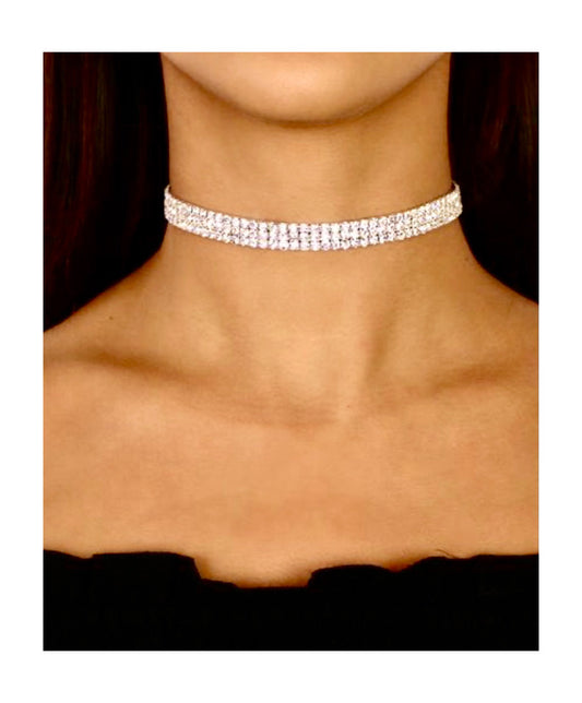 3 row rhinestone stretch choker